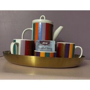 Vintage Teapot + 4 Cups Colorful Stripes Handles Made In Japan SAN Remo Imperial